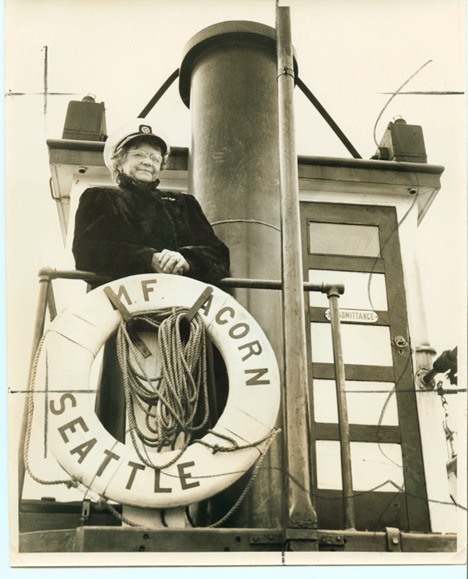 Whidbey skipper Berte Olson stands on the bridge of the ferry “Acorn