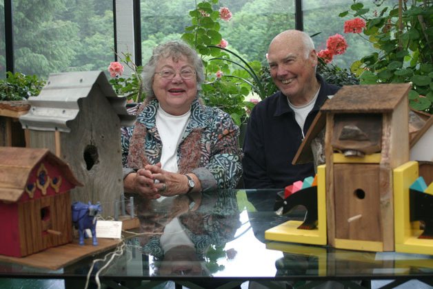 Jim and Jo Shelver have created more than a dozen  different bird houses and bird feeders for a birdhouse auction to help pay for a new roof for Enso House