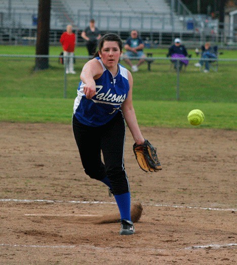 Falcon pitcher Katy Piehler fires a softball to a Cedarcrest batter on Friday.  South Whidbey came back from a 4-1 deficit to win in the seventh inning