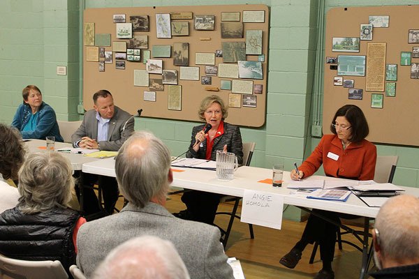 Senate incumbent Barbara Bailey makes her opening remarks at a voters forum on Wednesday night at the Clinton Community Hall. Also pictured are Doris Brevoort (far left)