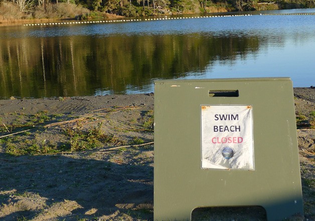 A small sandwich board warns potential swimmers to avoid going into the waters of Cranberry Lake