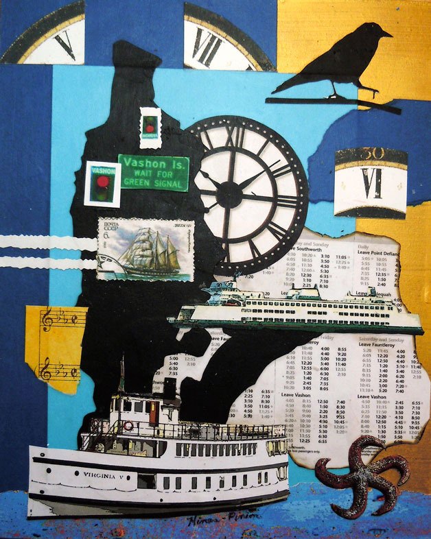 Sharon Hines-Pinion’s “Island Time' collage is one of 45 pieces featured in the Northwest Collage Society juried show at the Rob Schouten Gallery at Greenbank Farm.