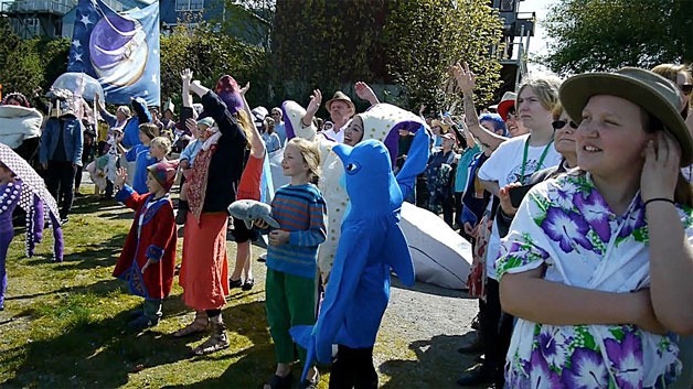 Festival-goers gather at Waterfront Park in Langley to bless the gray whales during this year’s Welcome the Whale Festival on April 16-17.