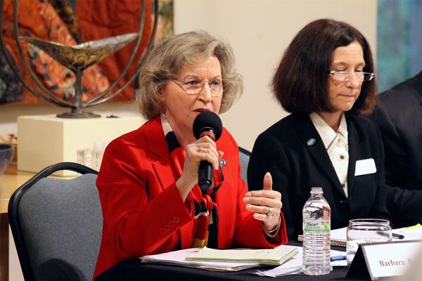Sen. Barbara Bailey speaks during an election forum in Freeland. Beside her is challenger Angie Homola.