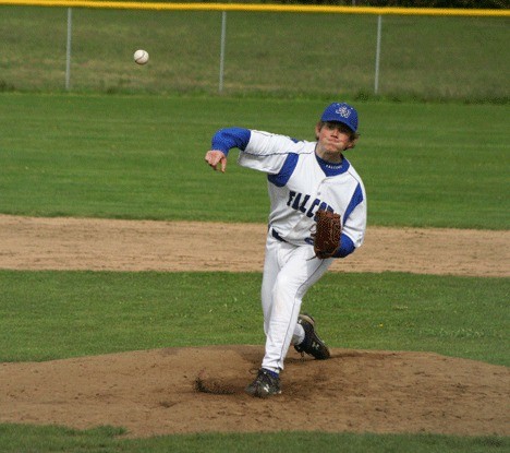Falcon freshman pitcher Jack Lewis throws a strike against Archbishop Murphy batter Tyler Kane on Monday during South Whidbey’s unsuccessful 3-1 game against the league powerhouse.