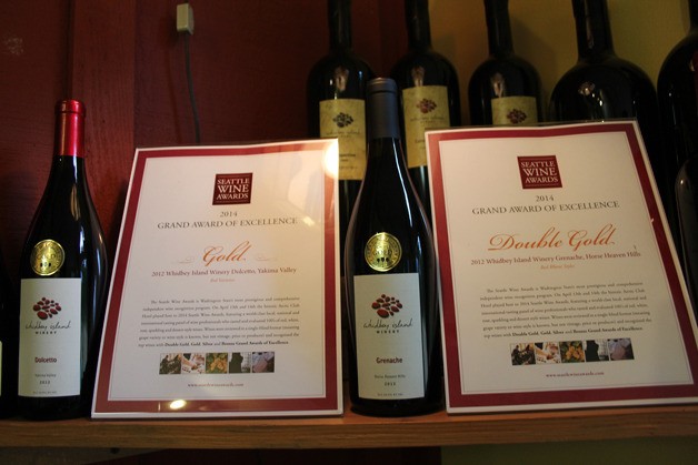 Past award-winners adorn the shelves at Whidbey Island Winery.