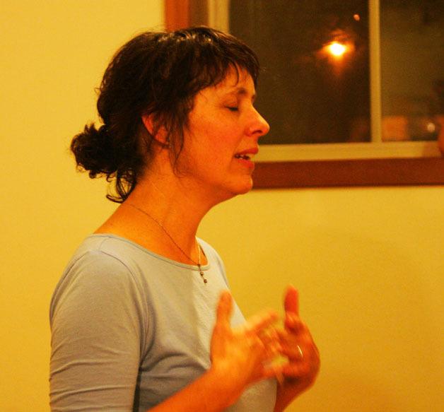 Music therapist and professional musician Barbara Dunn leads a singing circle at Half Moon Yoga Studio in Langley.