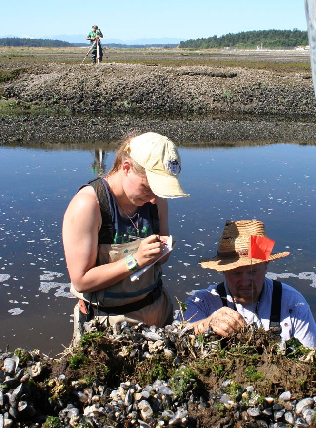 Central Washington University graduate students Frances Griswold and Brian Ostrom examine soil and sand layers at the Seaplane Base on Thursday. CWU undergraduate Sam Smith surveys in the background.