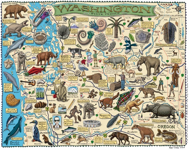 This fossil map is by artist Ray Troll from his and Kirk Johnson’s book “Cruisin’ the Fossil Freeway: An Epoch Tale of a Scientist and an Artist on the Ultimate 5