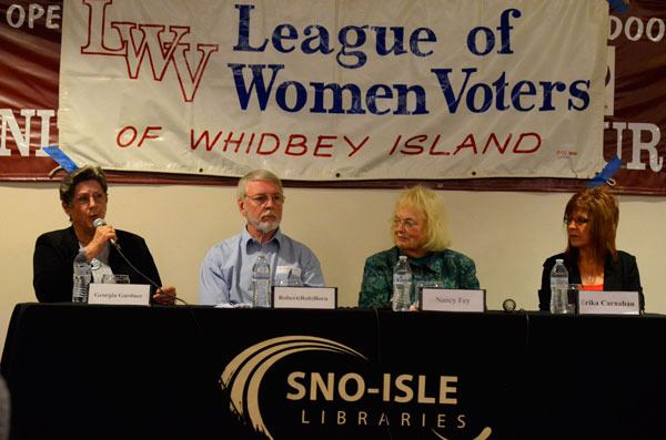 Hospital board candidate Georgia Gardner speaks at an election forum last Thursday on Oct. 8. Beside her are Rob Born