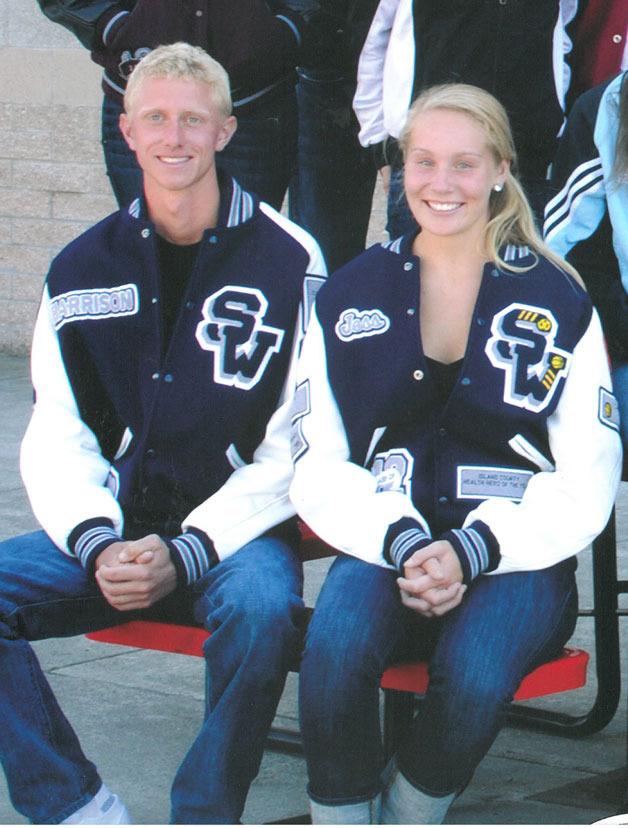 South Whidbey High School seniors Harrison Price and Jessica Manca pose for a poster in which they represent their fellow Falcon athletes.