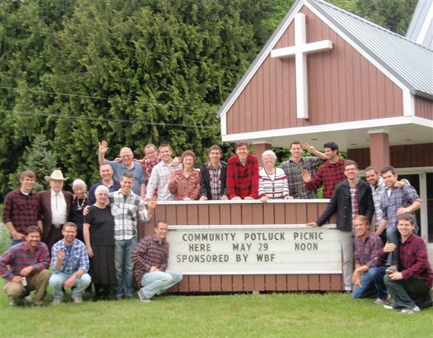 The Flannel Gang poses outside Whidbey Bible Fellowship one Sunday morning after church services.