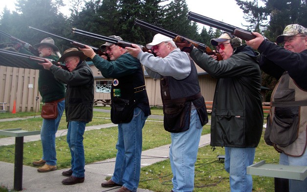 Thursday is clay pigeon practice day at the Holmes Harbor Rod & Gun Club. Displaying their shooting styles from the left are Mike McInerney