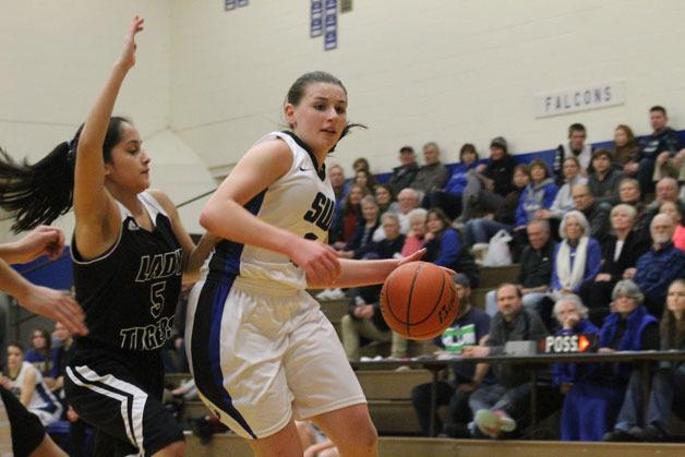 Falcon junior Kacie Hanson tries to beat Granite Falls’ defense on Tuesday night.