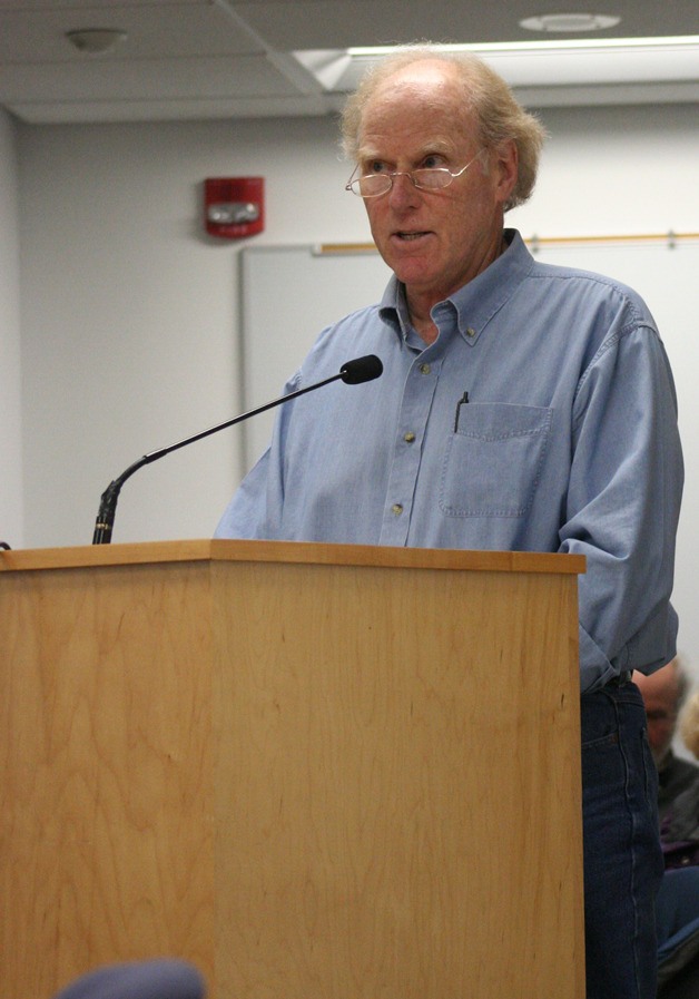 Tom Cahill speaks to the Island County commissioners about allowing golf cart zones in rural areas.