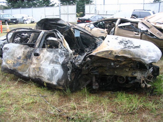 The 2003 Chevrolet Malibu that was involved in a deadly accident near Clinton Friday evening sits in a State Patrol's impound lot in Skagit County.