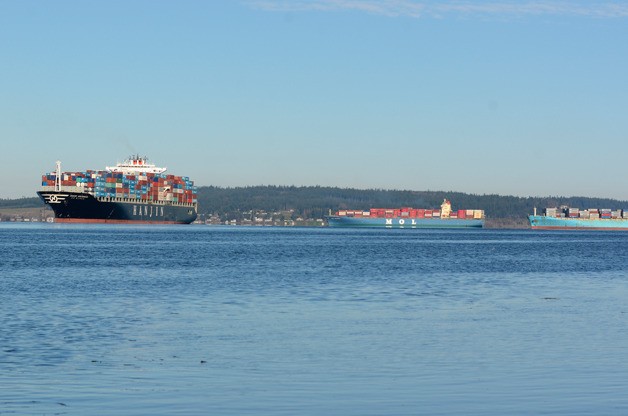 Three container ships sit anchored in Holmes Harbor outside of Freeland. A rare sight