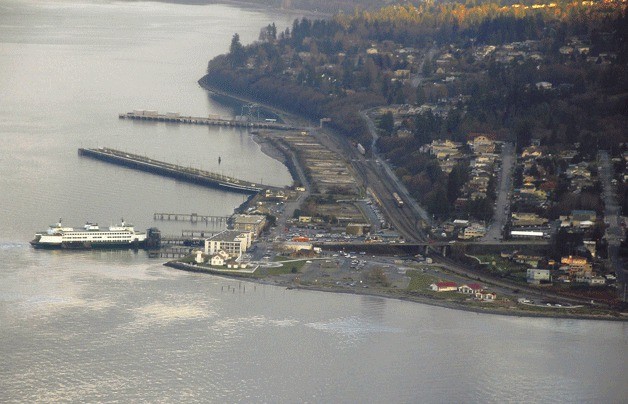 An aerial view of downtown Mukilteo. The search continues for new overnight parking spots near the ferry terminal that can be used by island commuters.