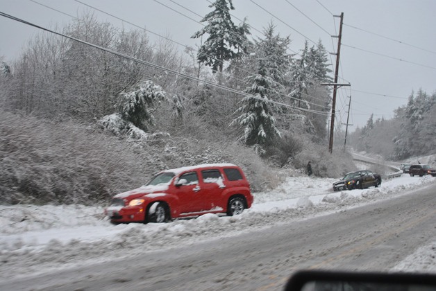 Drivers pull off Highway 525 en masse Friday morning in Greenbank. A snow storm caught Whidbey Island by surprise and sent many cars and drivers into ditches.