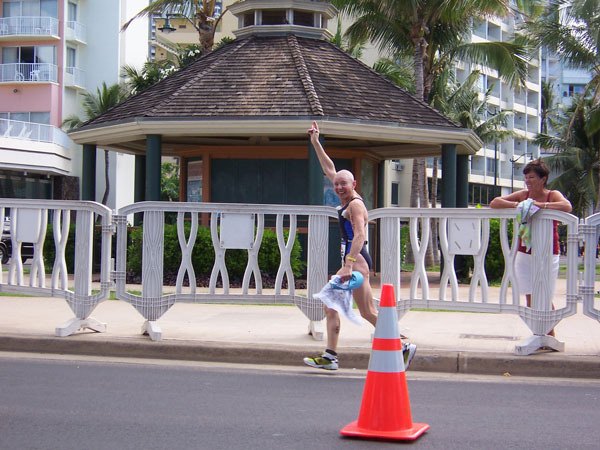 Patricia Buchanan competing in the 2005 Hawaiian World Championships Triathlon in Honolulu after having endured eight chemotherapies.