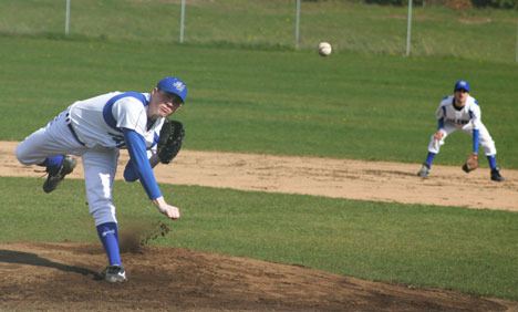 Falcon pitcher Craig Hawkinson fires a strike to a Lakewood batter Monday. South Whidbey was generally outgunned by the Cougars
