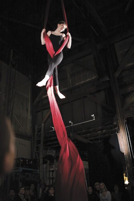 Ariel Amber Schmidtke performs her tissue act during a demonstration at the Bellingham Circus Guild.