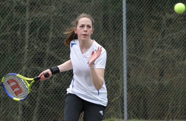 Falcon junior Colleen Groce sets up a forehand stroke against Lakewood on Tuesday