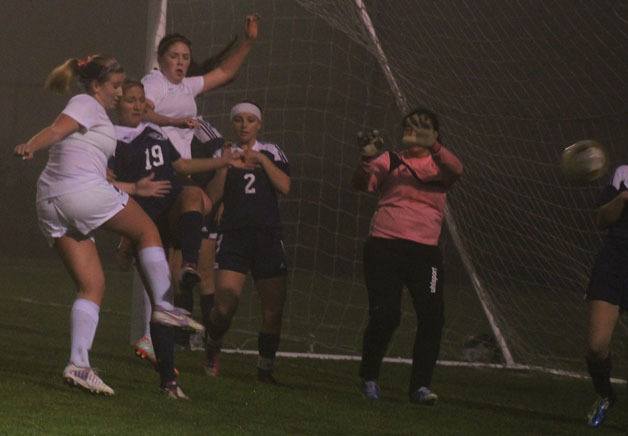 Falcon junior Olivia Bolding boots in a goal in the first half against Sultan on Tuesday.