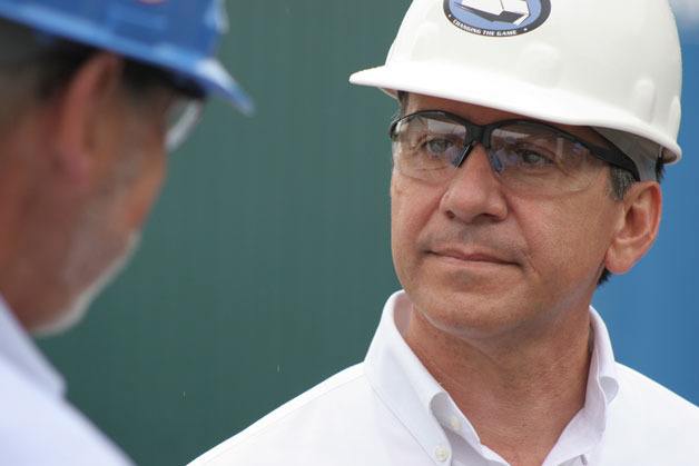 U.S. Senate hopeful Dino Rossi takes a tour of Nichol Brothers Boat Builders on Thursday with Matt Nichols