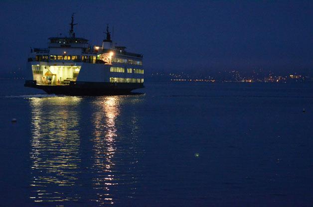 The ferry Cathlamet steams toward Mukilteo on Thursday evening. The same ferry nearly collided with a fishing boat in heavy fog earlier that morning.