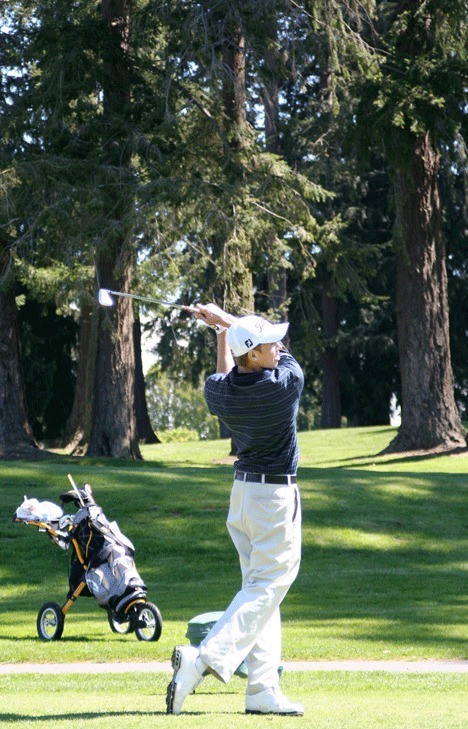 Falcon Shane Thompson takes a swing last week at Snohomish Golf Club as the South Whidbey team ended the season as Cascade Conference champions.