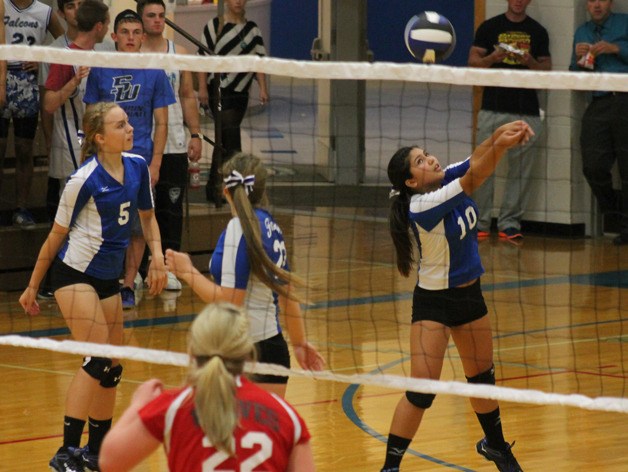 Falcon junior Katherine Read passes the ball in the second set against Coupeville on Sept. 9 at South Whidbey High School.