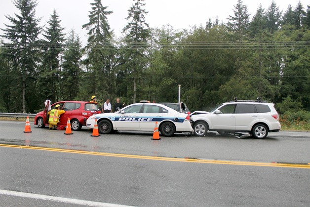 Langley police officer Lucas Adkins’ patrol car was seriously damaged in a three-car collision on Aug. 14.