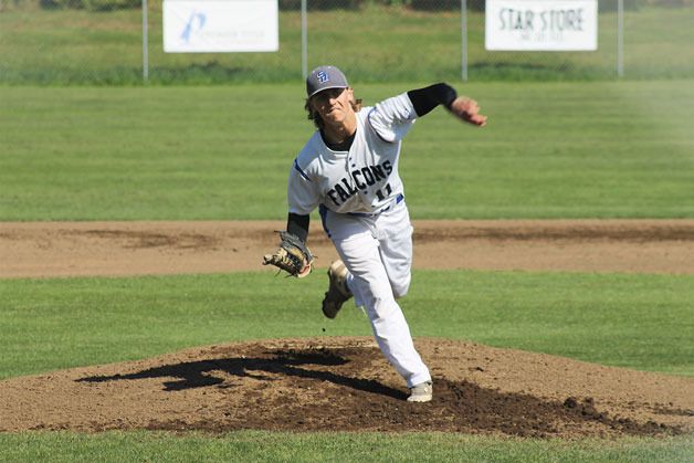South Whidbey senior Charlie Patterson broke the school’s record for wins (14) in a career as a pitcher. Patterson threw eight strikeouts against King’s Monday afternoon and helped the Falcons secure the second seed in the 1A bi-district tournament.