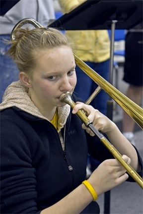 Trombonist Liana Cave goes through her morning paces with the South Whidbey High School Jazz Ensemble.