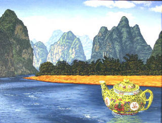 Ray Pelley’s “Renewal” is a reflection of the painter’s experiences exploring the Li River in the Guilin province of China.