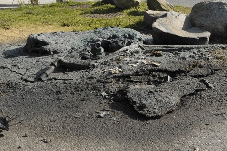 A pile of molten plastic is all that is left of a portable restroom at Freeland Park. It was destroyed by fire Sunday evening.