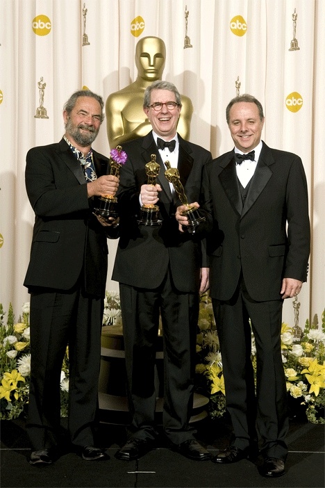 Best Sound Mixing winners Kirk Francis Scott Millan and David Parker display their Oscars during the 80th Annual Academy Awards.