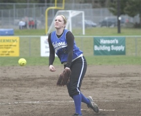 Rebecca Stratton hurls her 13th of 15 strikeouts Tuesday as South Whidbey won 3-1 over the Friday Harbor Wolverines in the first game of the spring season.