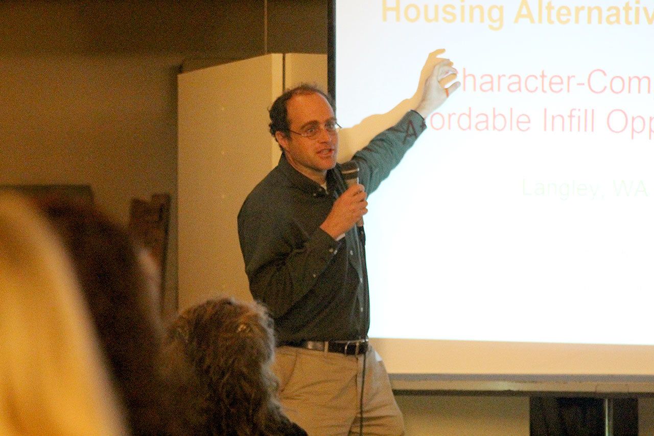 Evan Thompson / The Record Eli Spevak of Orange Splot LLC spoke about the positives of accessory dwelling units at an affordable housing forum Wednesday night held at Langley United Methodist Church.