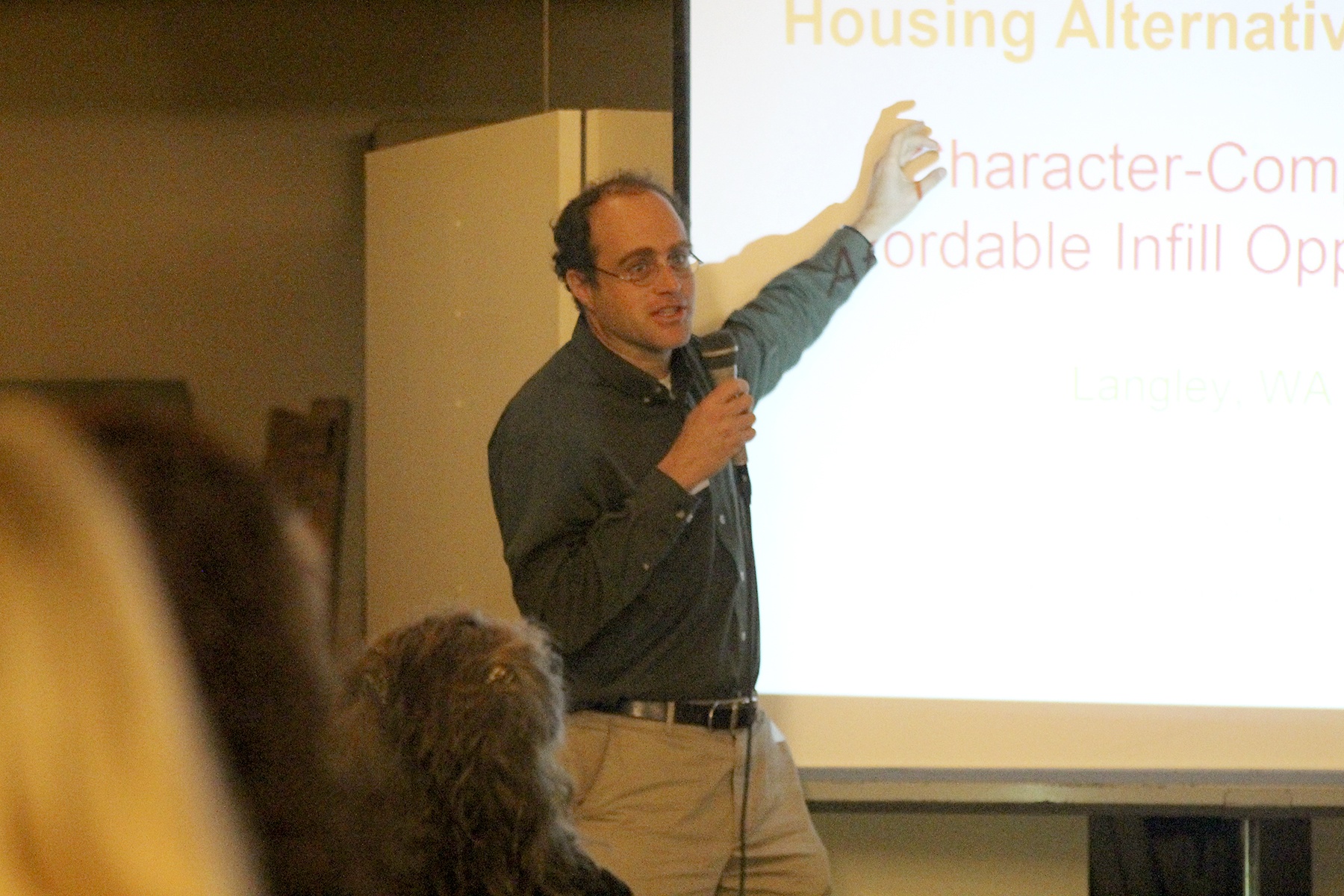 Evan Thompson / The Record Eli Spevak of Orange Splot LLC spoke about the positives of accessory dwelling units at an affordable housing forum Wednesday night held at Langley United Methodist Church.