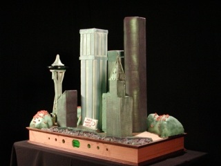 John Auburn created this Emerald City showpiece for the Food Network.  The wooden stand was built by local furniture maker David Gray.