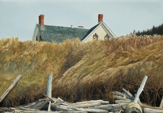 A detail of watercolorist Mark Van Wickler’s “Beach House” shows the painter’s aptitude for depicting the nostalgia