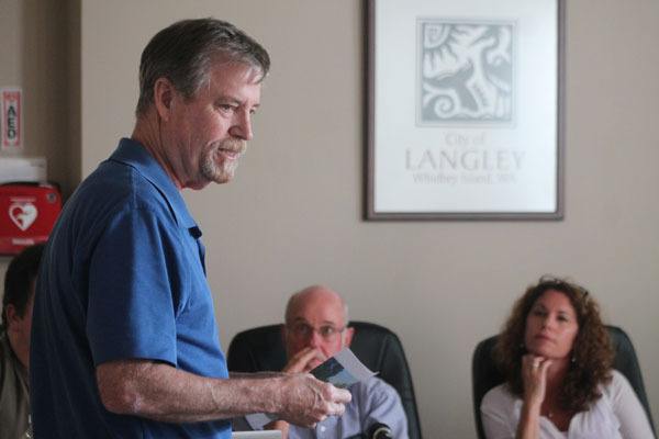 Doug Slaten speaks to the Langley City Council during its Aug. 3 meeting about his desire to have a city storm water retention pond on his property dredged soon.