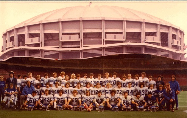 The 12-1 Langley Falcons football team gathers for a group photo outside the Kingdome. The team  finished the 1979 season with just one loss