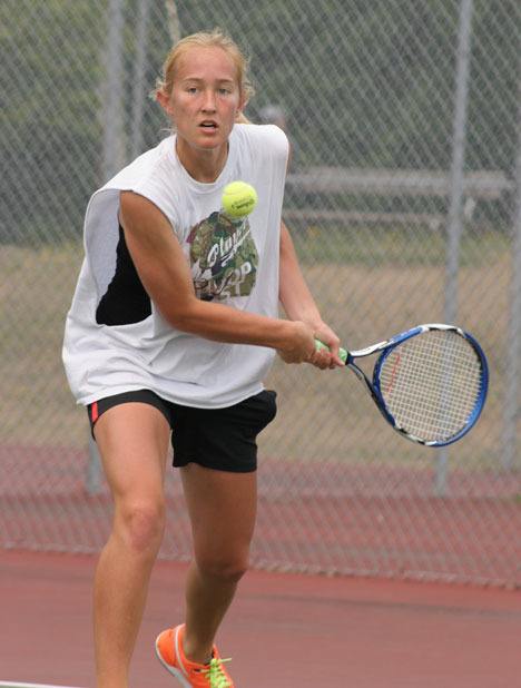 Lindsey Newman eyes her return during Whidbey Cup action on Sunday at the courts at South Whidbey High School.
