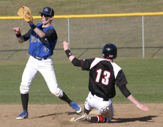 Falcon shortstop Taylor Todd waits for the ball as Wildcat third baseman Eric Lawson steals second base on Monday.