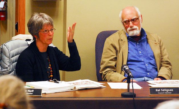 Langley City Councilwoman Rene Neff expresses her frustration during a discussion Monday about Second Street truck loading zones. At right is Councilman Hal Seligson.