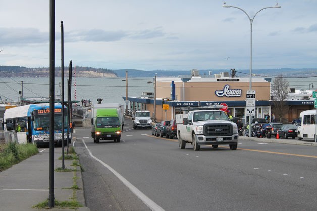 Cars cruise up Highway 525 heading south from the Mukilteo Ferry Terminal. An early concept to improve pedestrian and bicyclist access over the railroad tracks could eliminate one southbound lane from the proposed new ferry terminal.