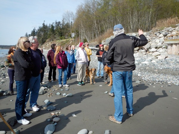 A group of Beach Watchers gather on the beach for a day of volunteer work. Beach Watchers will be hosting the Sound Waters educational conference on Saturday